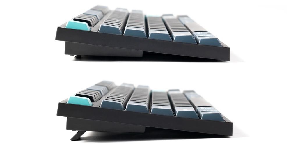 KEYCHRON B33 przemyślanej konstrukcji Regulowany kąt nachylenia (6,5º/9º) wygodne ułożenie dłoni i nadgarstków Delikatnie podwyższone klawisze - klawiatura od boku na białym tle, 