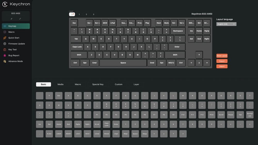KEYCHRON B33 aplikacji webowej Keychron Launcher Programuj klawisze, twórz makra i definiuj skróty klawiszowe Intuicyjny interfejs - zrzut ekranu z oprogramowania