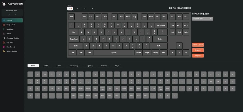 KEYCHRON C1 Pro KEYCHRON C1 Pro Keychron Launcher mapowanie klawiszy, tworzenie makr oraz zarządzanie podświetleniem RGB bez potrzeby instalowania rozbudowanego oprogramowania - zrzut ekranu z aplikacji keychron