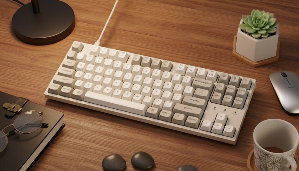 KEYCHRON C1 Pro KEYCHRON C1 Pro 357 × 131 x 29 mm 830 g Lekka konstrukcja stabilna rama - klawiatura na drewanianym blacie, obok kwiatek i myszka