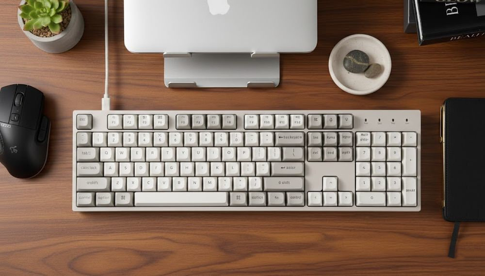 KEYCHRON C2 Pro Anti-ghosting N-Key Rollover graczy i użytkowników - klawiatura od góry na biurku, obok mysz