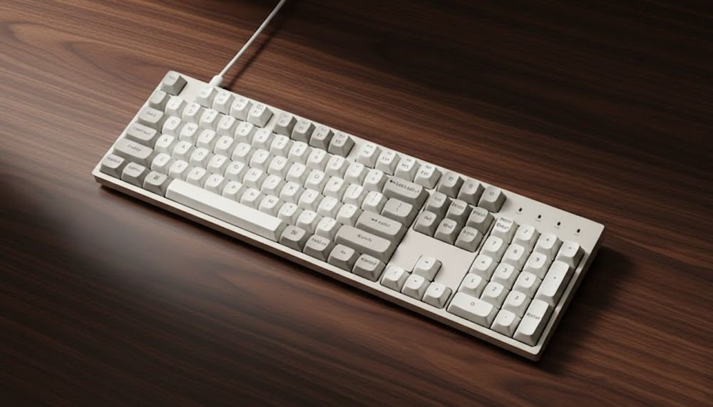 KEYCHRON C2 Pro KEYCHRON C2 Pro pianki akustyczne oraz silikonową matę otwartych biurach nocnych sesji gamingowych - klawiatura na ciemnym drewnianym blacie