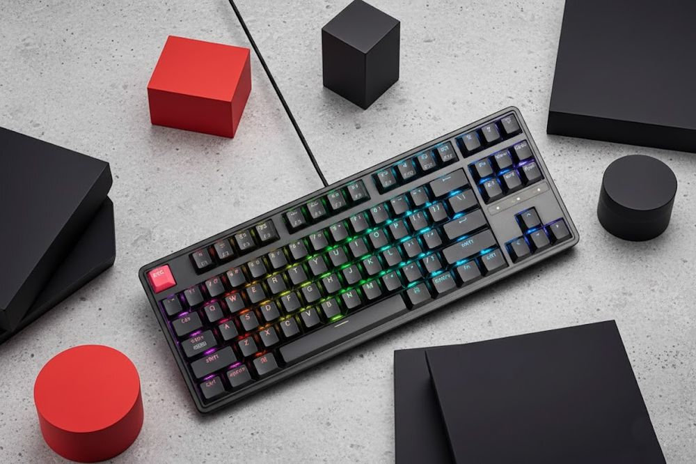 KEYCHRON C3 Pro przełącznik systemowy Windows / macOS wymienne klawisze dedykowane dla Windows FN + Caps Lock - klawiatura na jasnym biurku, na około bryły trójwymiarowe