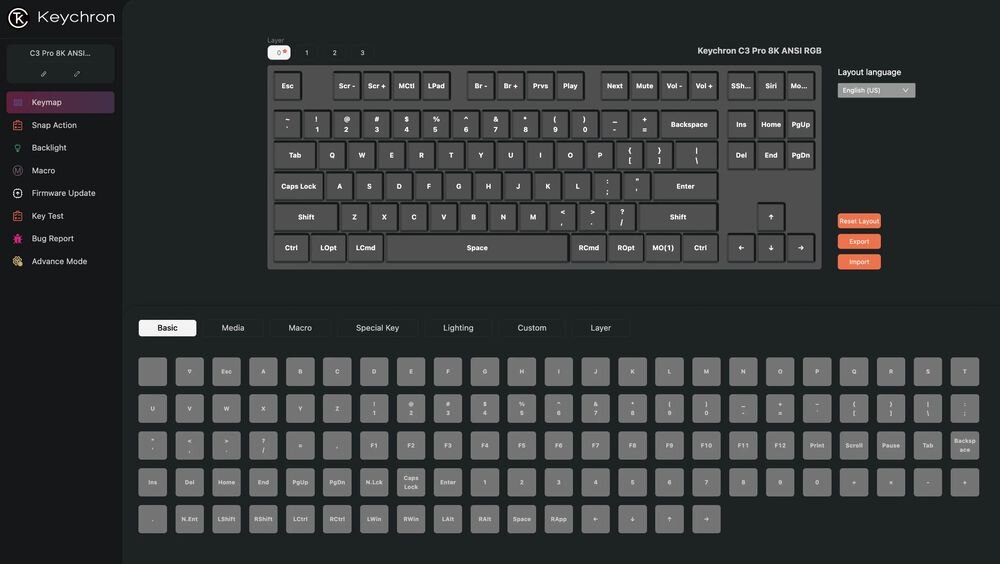 KEYCHRON C3 Pro KEYCHRON C3 Pro Keychron Launcher mapowanie klawiszy, tworzenie makr oraz zarządzanie podświetleniem RGB bez potrzeby instalowania rozbudowanego oprogramowania - zrzut ekranu z aplikacji keychron