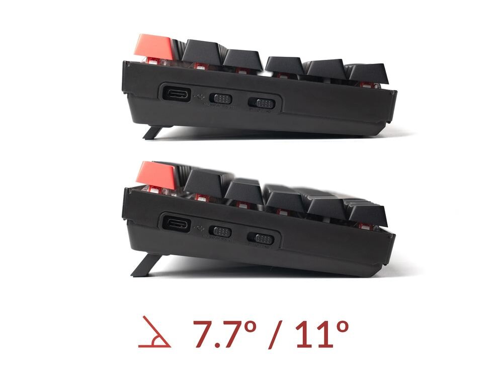 KEYCHRON K8 Keychron K8 formacie TKL 80% 87 klawiszy bez numerycznego bloku mysz F-klawiszy i strzałek trzem ustawieniom nachylenia 3,5°, 7,7°, 11° - klawiatura od boku, pokazane pochylenie