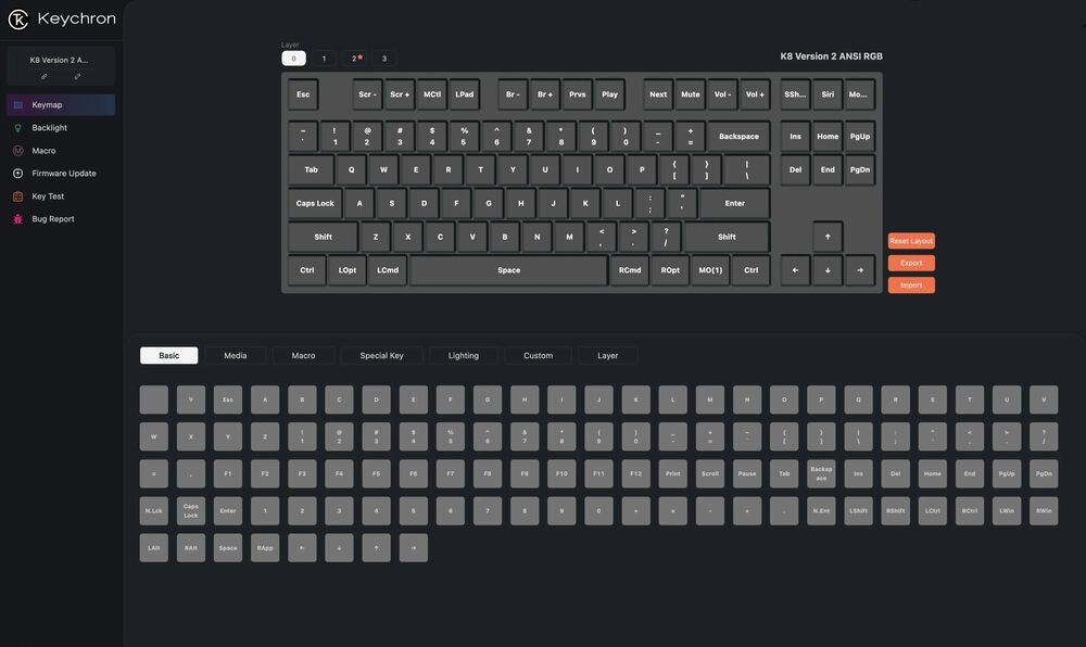 KEYCHRON K8 Keychron K8 Keychron Launcher mapowanie klawiszy, tworzenie makr oraz zarządzanie podświetleniem RGB bez potrzeby instalowania rozbudowanego oprogramowania - zrzut ekranu z oprogramowania