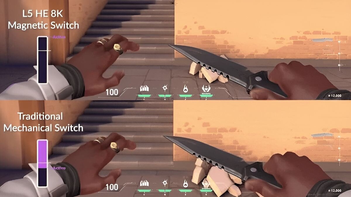 KEYCHRON Lemokey L5 HE aktywowanie i dezaktywowanie klawiszy na podstawie głębokości wciśnięcia naciśnij, aby aktywować, puść, aby zresetować - przedstawienie funkcji Dynamic Rapid Trigger