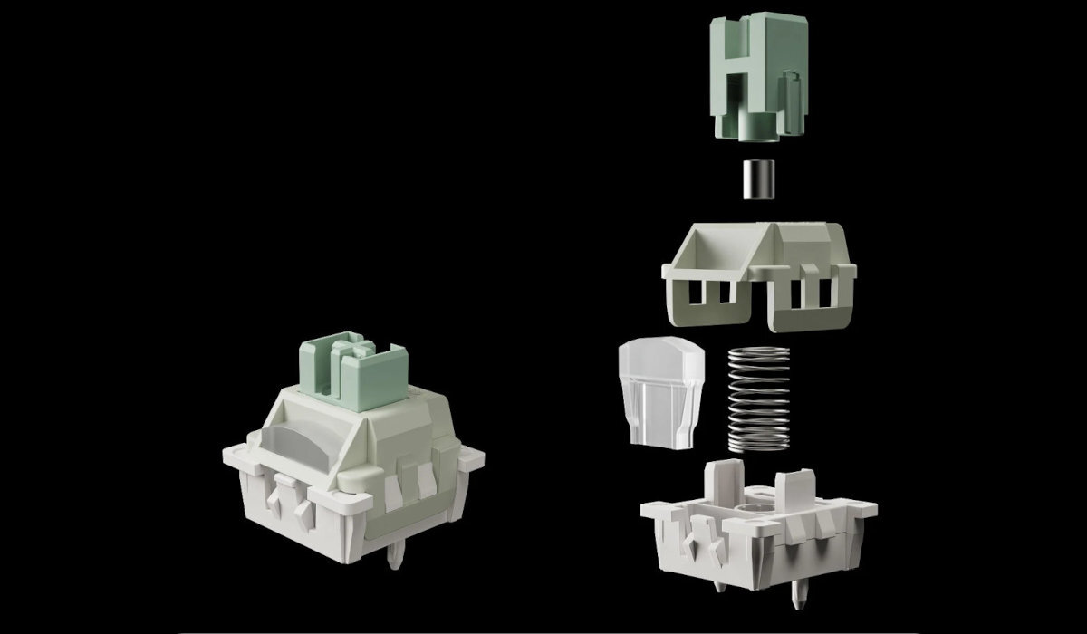 KEYCHRON Lemokey L5 HE przełączniki Lemokey Ultra-Fast Lime Magnetic Switch Hall Effect regulować punkt aktywacji 0,1 do 3,35 mm dokładnością 0,01 mm fabrycznie nasmarowane - przełącznik na ciemnym tle w całości i rozebrany na części 