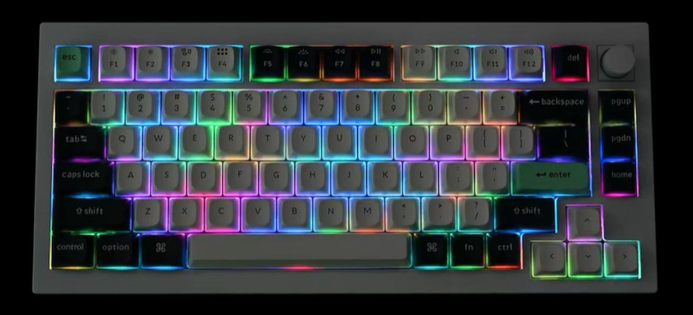 KEYCHRON Q1 HE diodami RGB skierowanymi na południe równomierne podświetlenie pod klawiszami keycapami w profilu Cherry - klawiatura z kolorym podświetleniem