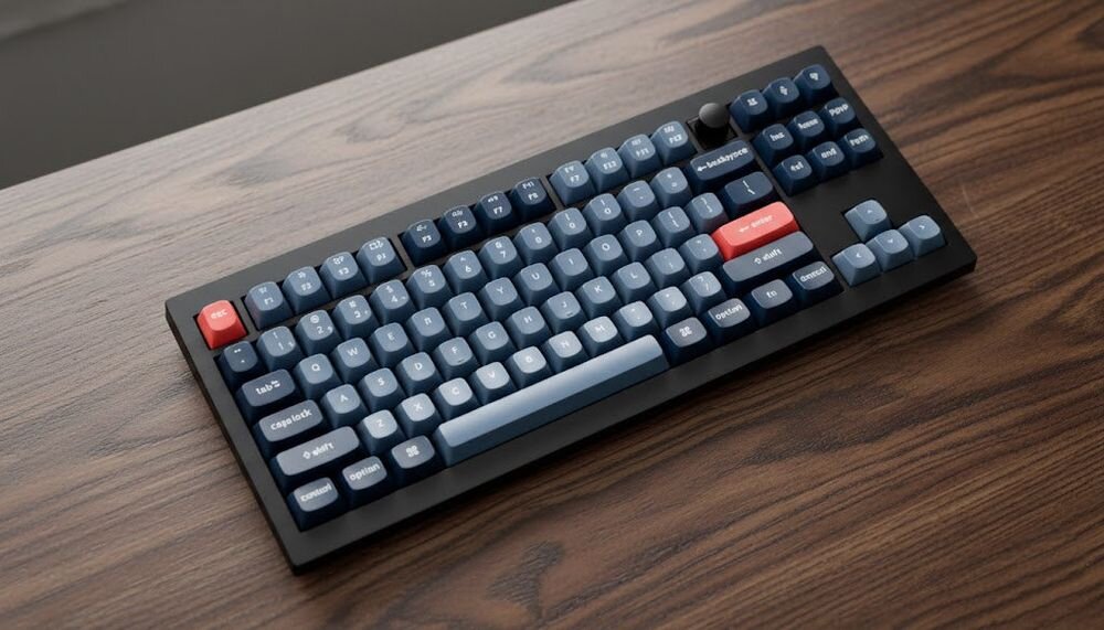 KEYCHRON V3 Max litowo-jonowy pojemności 2000 mAh 190 godzin pracy bez podświetlenia włączonym podświetleniu RGB 100 godzin - klawiatura na drewnianym blacie