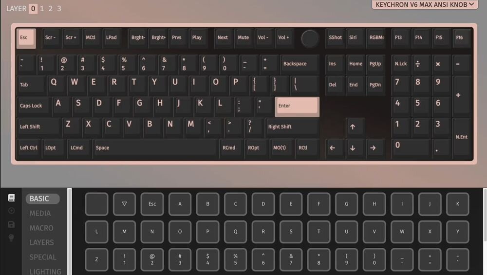 KEYCHRON V3 Max wsparciem dla QMK oraz VIA personalizację klawiszy przypisywanie im nowych funkcji otwarte oprogramowanie modyfikację układu klawiatury i skrótów, dostosowanie podświetlenia konfigurację pokręteł - zrzut ekranu z dedykowanej aplikacji