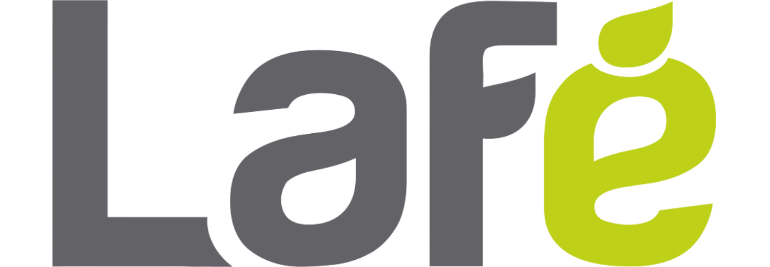 Logo z napisem \'Lafe\' w kolorach szarym i zielonym, z zielonym liściem nad literą \'e\'.
