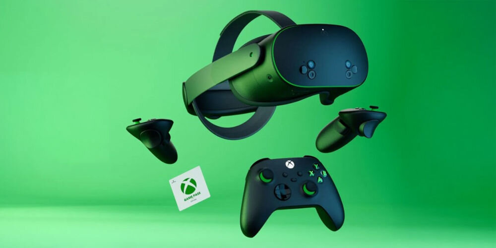 Gogle VR OCULUS Meta Quest 3S Xbox Edition 128GB Czarny prezentacja zestawu z padem lewituące w powietrzu zielone tło karta z Game Pass design Xbox wsparcie subskrypcje dostęp do setek gier