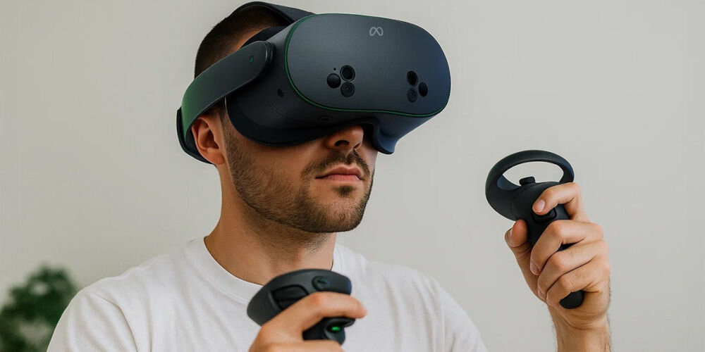 Gogle VR OCULUS Meta Quest 3S Xbox Edition 128GB Czarny mężczyzna ma założone gogle VR a w rękach trzyma kontrolery jasne tło kompatybilność PC Wi-Fi Bluetooth wygodne podłączenie gogli do wielu urządzeń