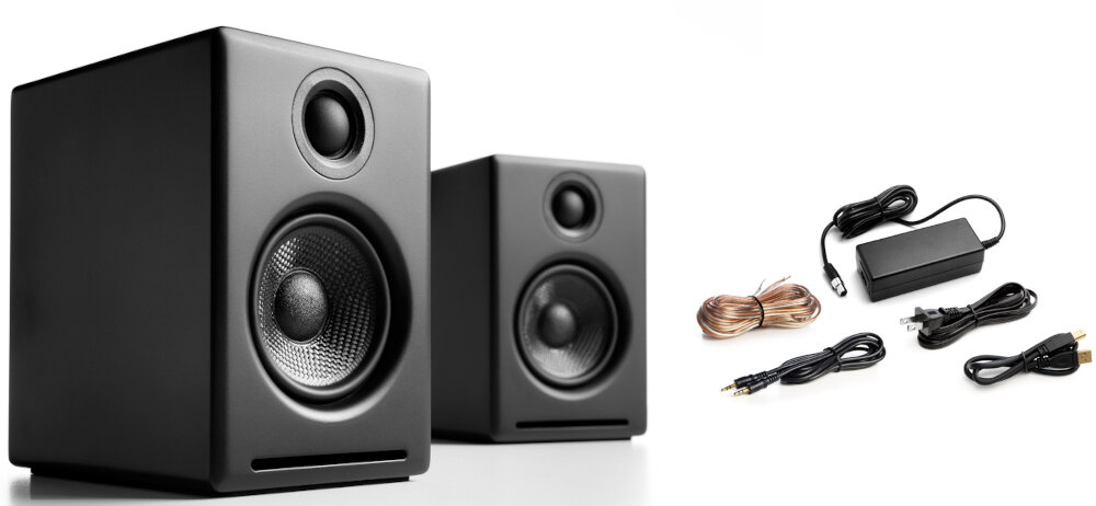 Kolumny głośnikowe AUDIOENGINE A2+ brzmienie bezprzewodowe łącze złącza dźwięk wszechstronność  obsługa instalacja design jakość wykonanie opakowanie zestaw