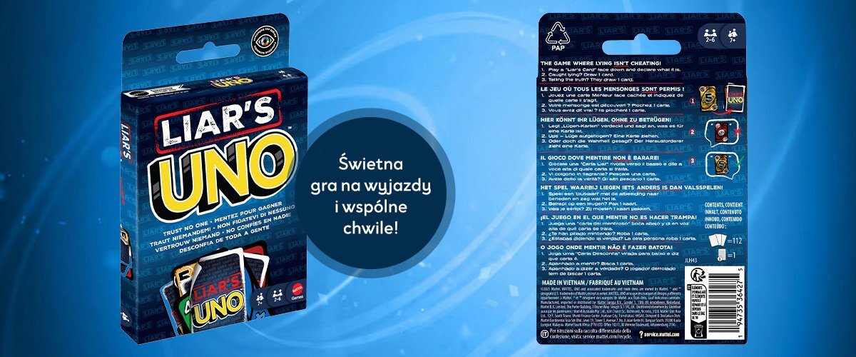 Opakowanie kart UNO Liar's, widoczny jest napis 'Świetna gra na wyjazdy i wspólne chwile!'.