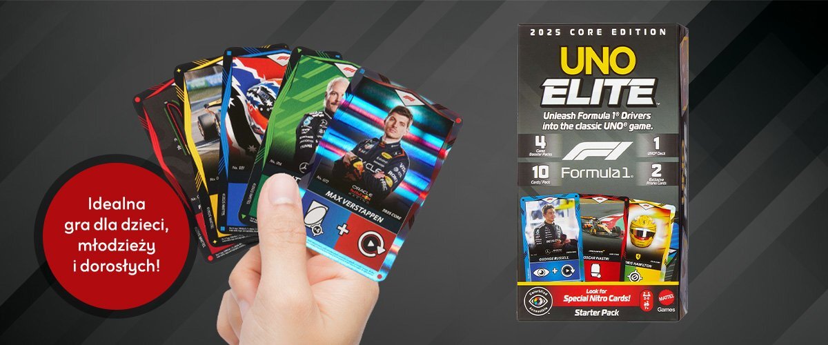 Dłoń trzymająca karty UNO Elite Formula1, obok widoczne jest opakowanie oraz napis 'Idealna gra dla dzieci, młodzieży i dorsłych!'.
