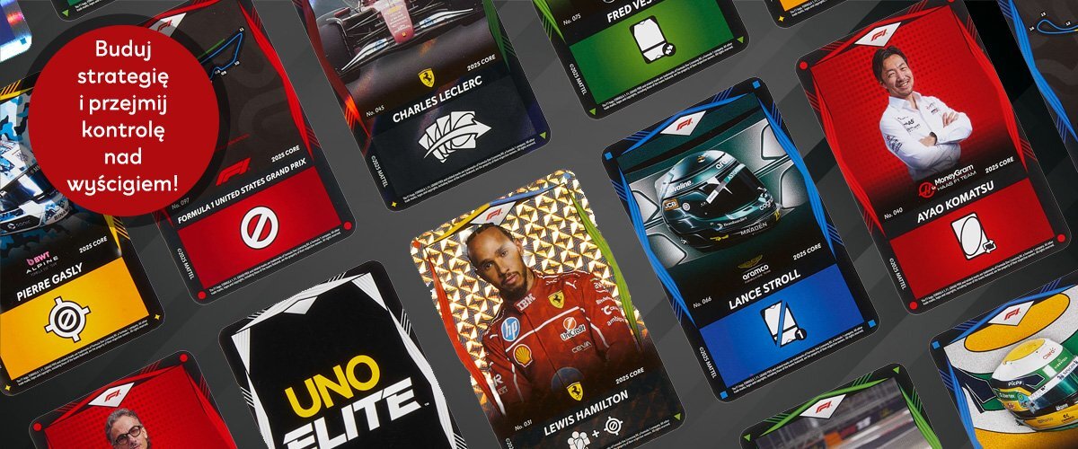 Zdjęcia kart UNO Elite Formula1, obok widnieje napis 'Buduj strategię i przejmij kontrolę nad wyścigiem!'.