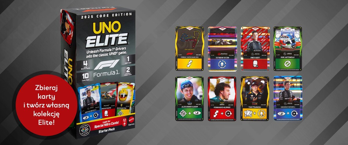 Zdjęcia kart UNO Elite Formula1 oraz ich opakowania, obok widnieje napis 'Zbieraj karty i twórz własną kolekcję Elite!'.