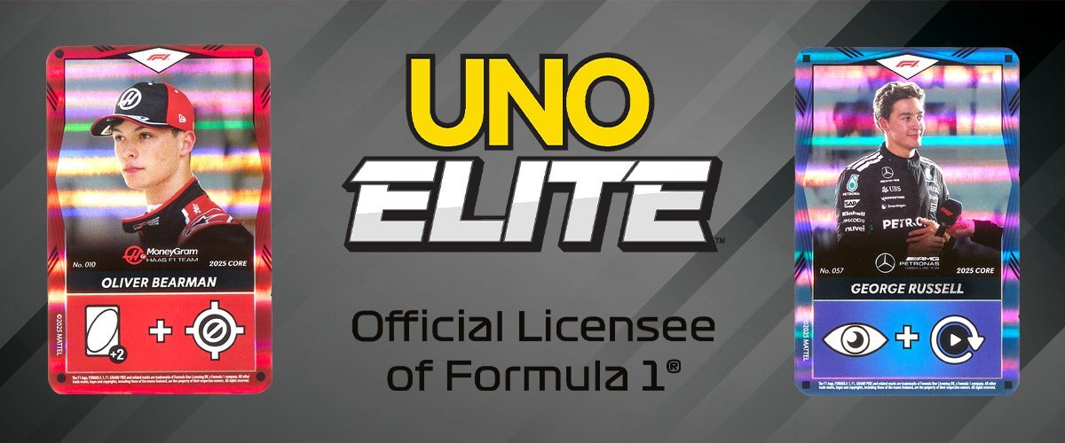 Dwie karty UNO Elite Formula1 na czarno-szarym tle, na środku widnieje napis 'UNO ELITE Official Lincesee of Formula1'.