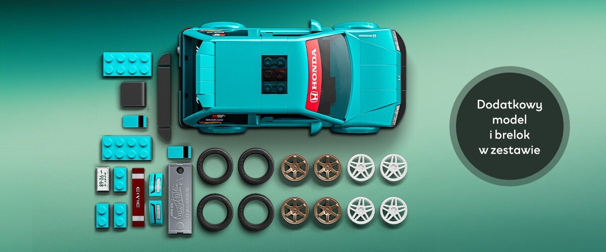 Na obrazie widoczny jest zestaw plastikowych klocków do złożenia modelu samochodu w kolorze turkusowym, z napisem \'HONDA\' na masce. Obok samochodu znajdują się dodatkowe elementy, takie jak koła i klocki, a na okrągłym tle napis \'Dodatkowy model i brelok w zestawie\'.