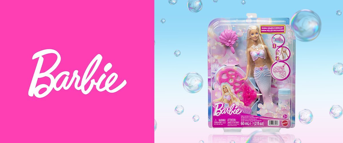 Po lewej - logo 'Barbie, po prawo znajduje się lalka Barbie w opakowaniu.