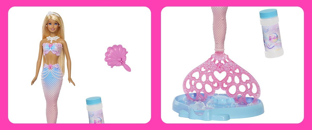 Przybliżenia na lalkę Barbie oraz akcesoria na białym tle.