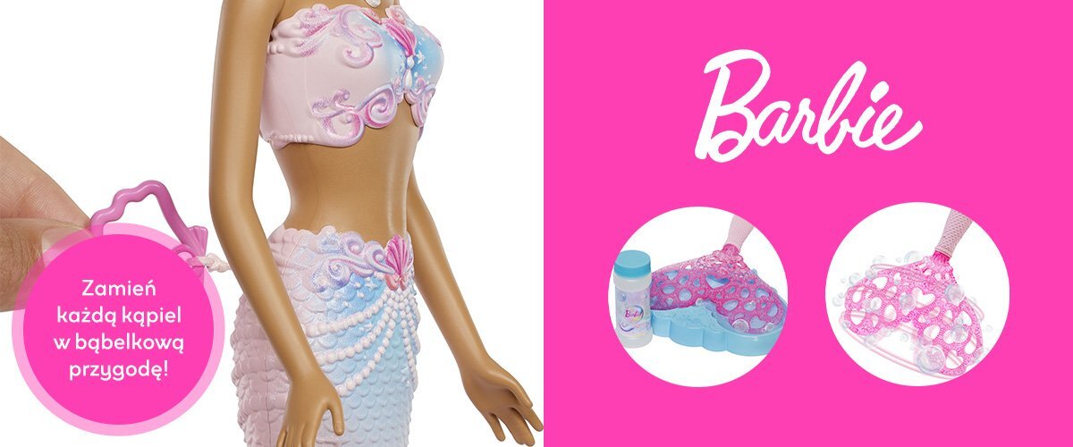 Przybliżenie na tors lalki Barbie, po prawo znajduje się logo 'Barbie' oraz zdjęcia płetw lalki, widnieje również napis 'Zamień każdą kąpiel w bąbelkową przygodę!'.