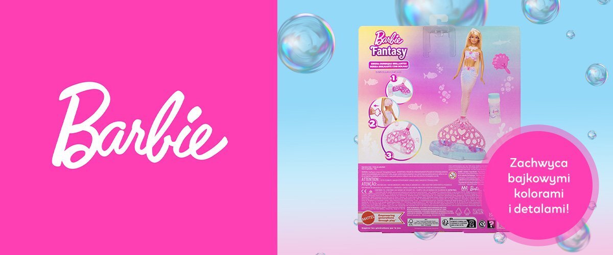 Po lewej stronie widnieje logo 'Barbie', po prawej - zdjęcie opakowania lalki Barbie oraz napis 'Zachwyca bajkowymikolorami i detalami!'.