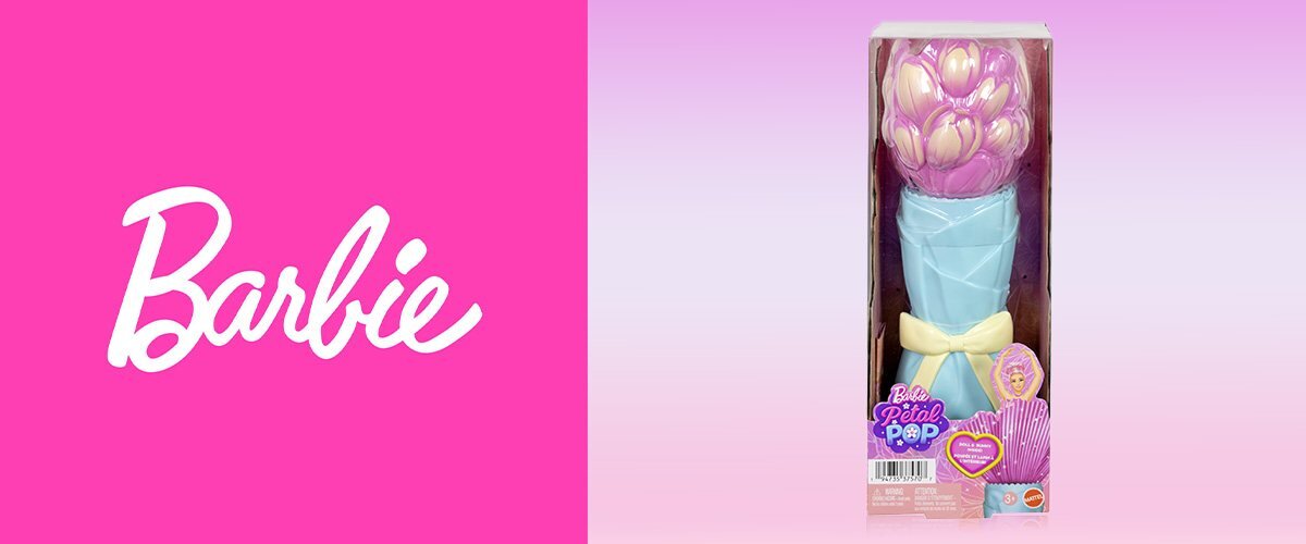 Logo 'Barbie' oraz zdjęcie lalki w jej opakowaniu.