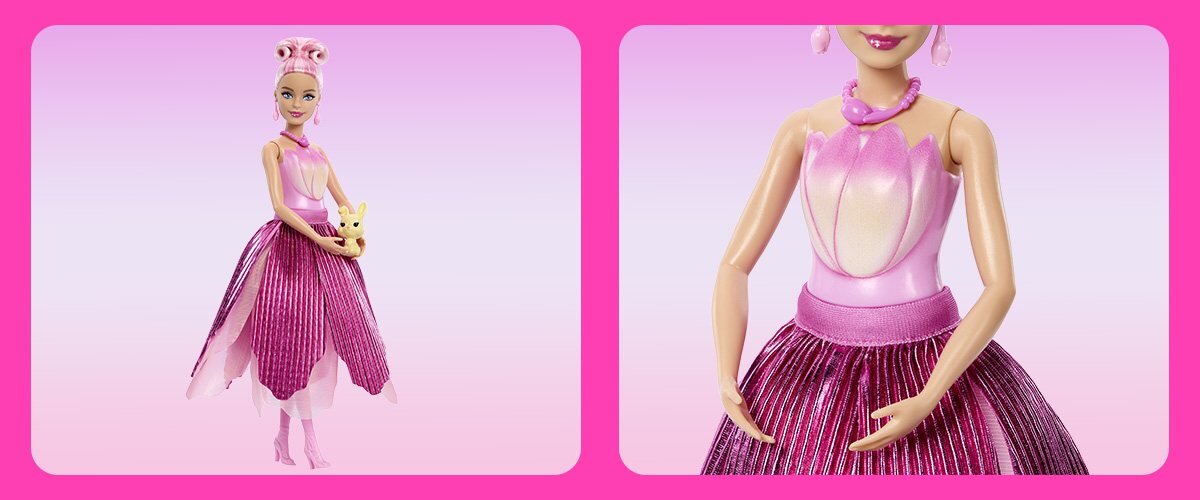Zdjęcia lalki Barbie, w pierwszym zdjęciu trzyma zabawkowe zwierze.