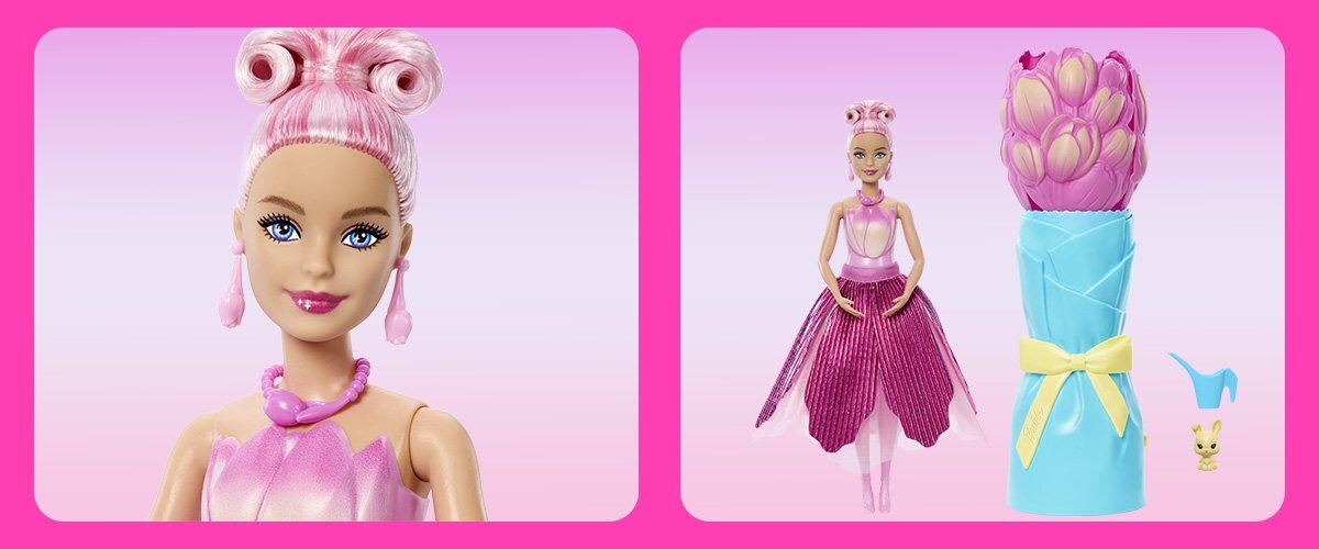 Zdjęcia lalki Barbie oraz części zestawu na różowo-białym tle.