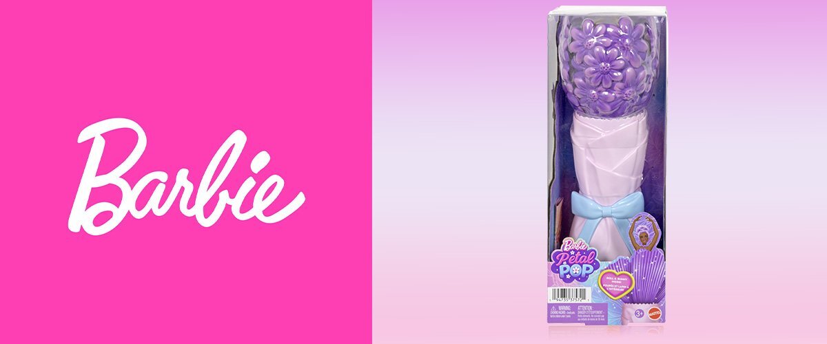 Logo 'Barbie' oraz zdjęcie lalki w jej opakowaniu.