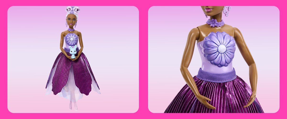 Zdjęcia lalki Barbie, w pierwszym zdjęciu trzyma zabawkowe zwierze.