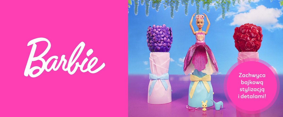 Po lewej widoczne jest logo 'Barbie', po prawo - zdjęcia lalek Barbie oraz napis 'Zachwyca bajkowymi detalami i stylizacją!'.