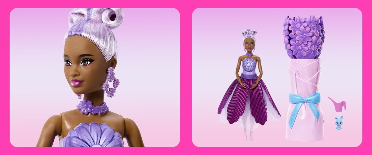 Zdjęcia lalki Barbie oraz części zestawu na różowo-białym tle.