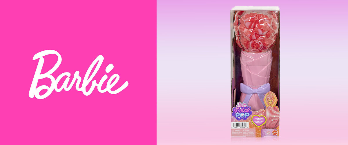 Logo 'Barbie' oraz zdjęcie lalki w jej opakowaniu.