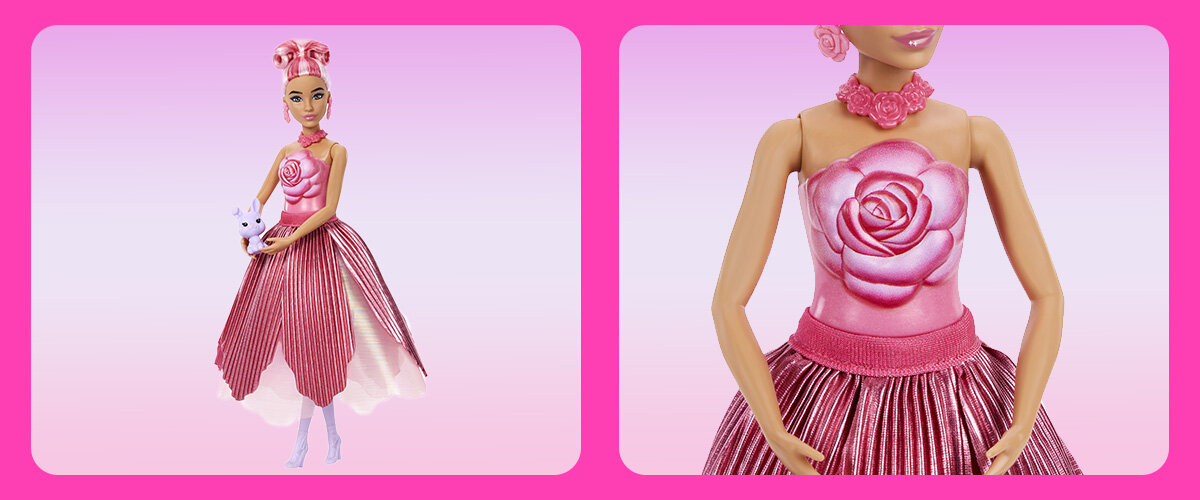 Zdjęcia lalki Barbie, w pierwszym zdjęciu trzyma zabawkowe zwierze.