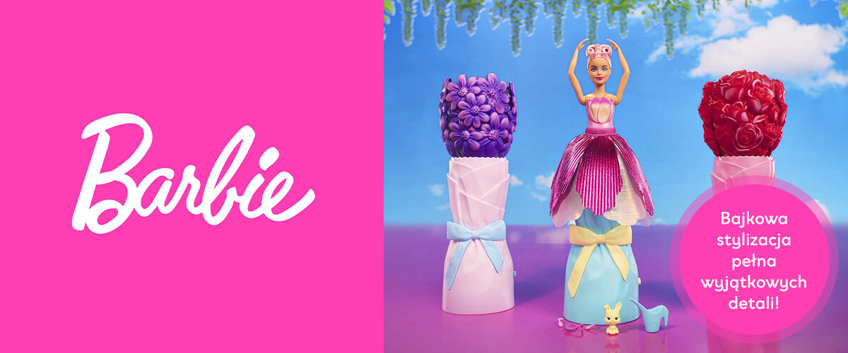 Po lewej widoczne jest logo 'Barbie', po prawo - zdjęcia lalek Barbie oraz napis 'Bajkowa stylizacja pełna wyjątkowych detali!'.
