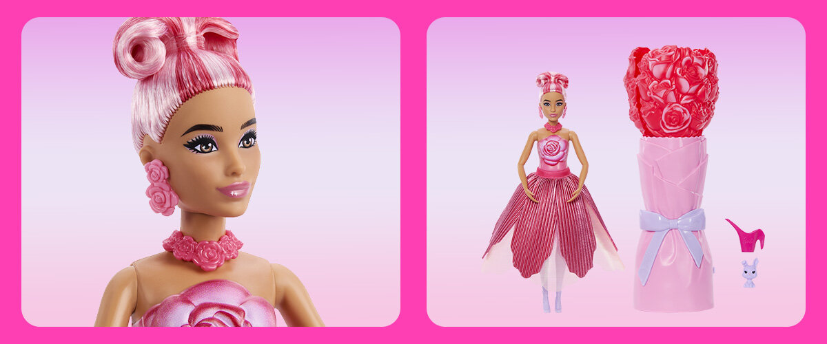 Zdjęcia lalki Barbie oraz części zestawu na różowo-białym tle.