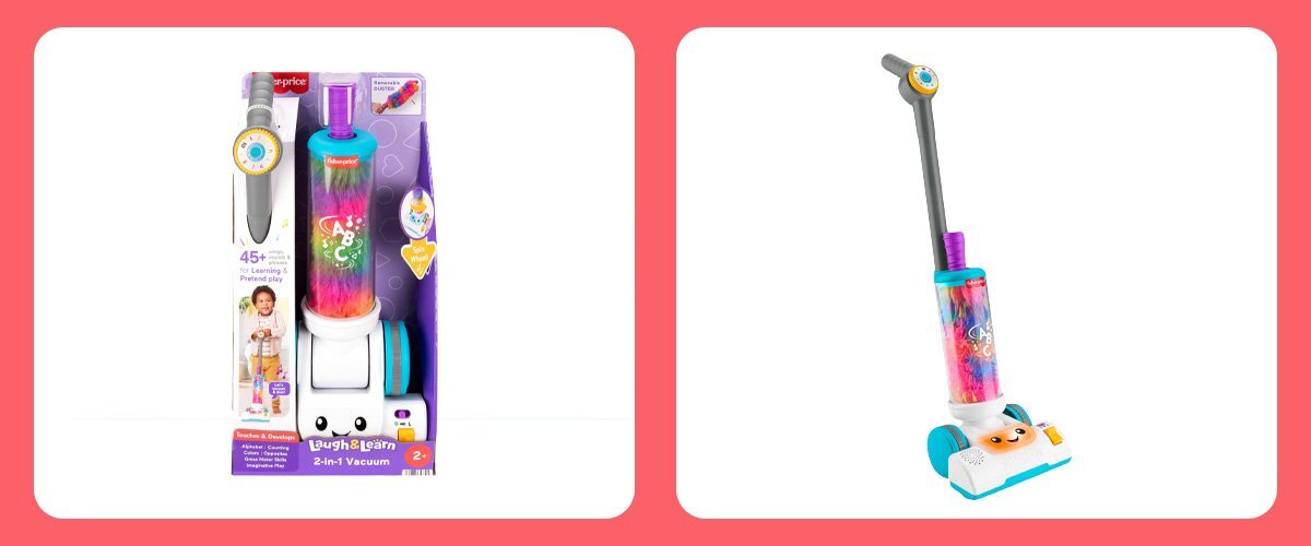 Zdjęcia zabawkowego odkurzacza Fisher Price w opakowaniu oraz poza nim na białym tle.