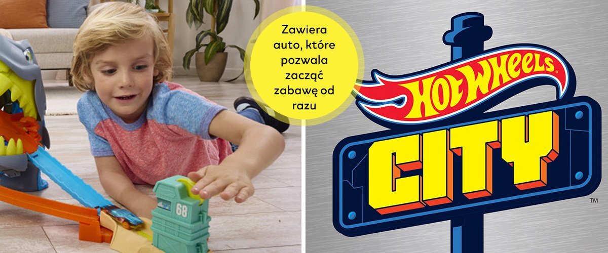 Dziecko bawi się torem Hot Wheels z rekinem i samochodzikiem. Obok widoczne jest logo Hot Wheels City oraz napis \'Zawiera auto, które pozwala zacząć zabawę od razu\'.