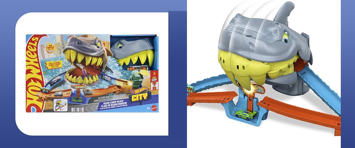 Po lewej stronie znajduje się opakowanie zabawki z dużym rekinem i torami, z widocznym logo \'Hot Wheels City\'. Po prawej stronie pokazano złożony tor z rekinem, który ma otwartą paszczę i kolorowe tory.