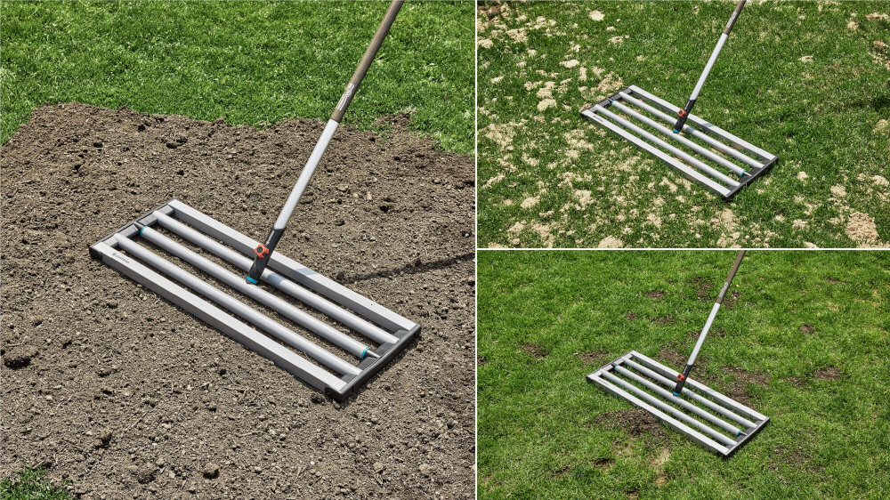 Niwelator terenu GARDENA Combisystem 03569-20 trzy zdjęcia widok lekko z góry na niwelator ziemia trawnik trawa z piaskiem wygodne wyrównanie terenu wszechstronne prace ogrodowe