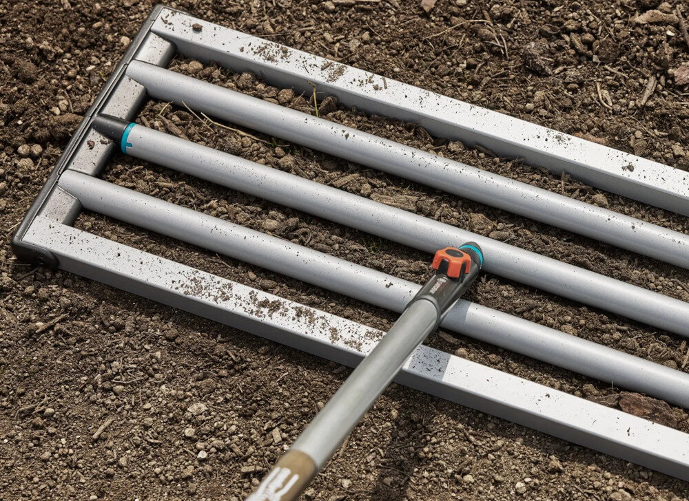 Niwelator terenu GARDENA Combisystem 03569-20 ogród ziemia widok z góry na niwelator z wysokiej jakości stali powlekanej waga 4,7 kg stabilność pracy równomierne rozprowadzanie materiału długa żywotność