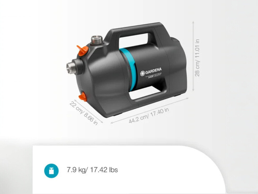 Pompa do wody GARDENA 09086-20 elektryczna, kabel, zasilanie, wymiary, waga, na szarym tle pompa wraz z podaniem jej wymiarów i wagi