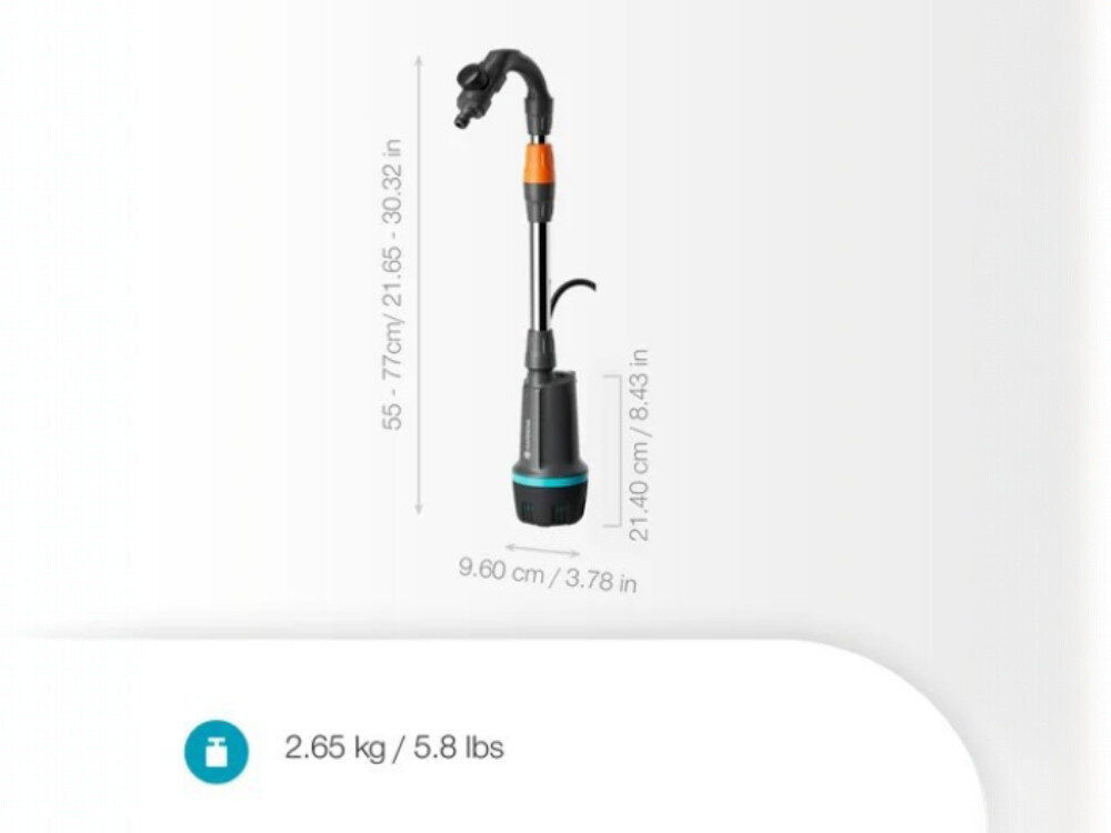 Pompa do wody akumulatorowa GARDENA 2400/2.1 18V P4A 14605-20 z akumulatorem, wydajność, akumulator, waga, system, wysokość, 