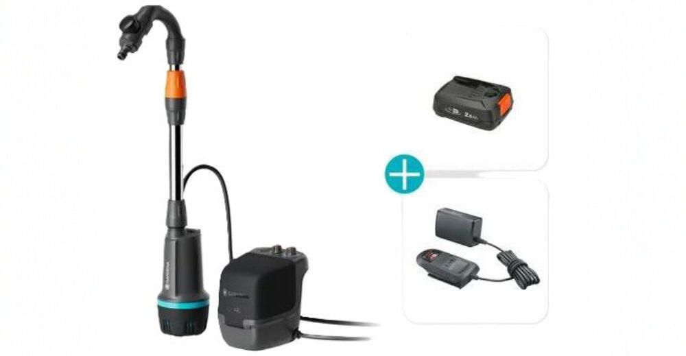 Pompa do wody akumulatorowa GARDENA 2400/2.1 18V P4A 14605-20 z akumulatorem, zawór, zwrotne, beczki, hak, 
