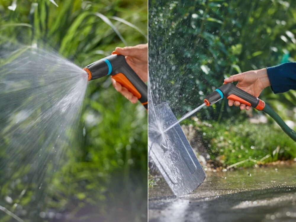 Pistolet zraszający GARDENA Classic 18360-20, nawadnianie, strumienie, czyszczenie, szczelność, przedstawienie 2 rodzajów strumienia w ogrodzie