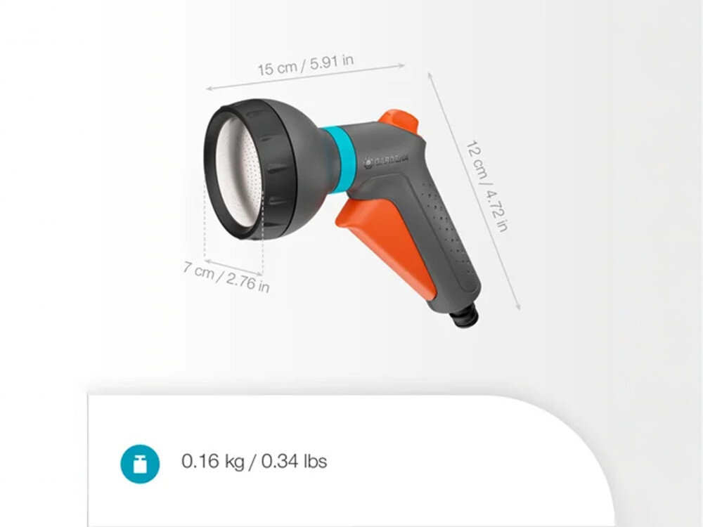 Pistolet zraszający GARDENA Classic 18367-20, zraszający, 20–100%, blokada, mrozoodporny, na szarym tle pistolet z jego wymiarami i wagą
